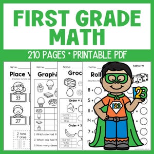 May include: A set of printable worksheets for first grade math. The worksheets include activities such as place value, graphing, money, and addition. The worksheets are black and white and feature a superhero character.