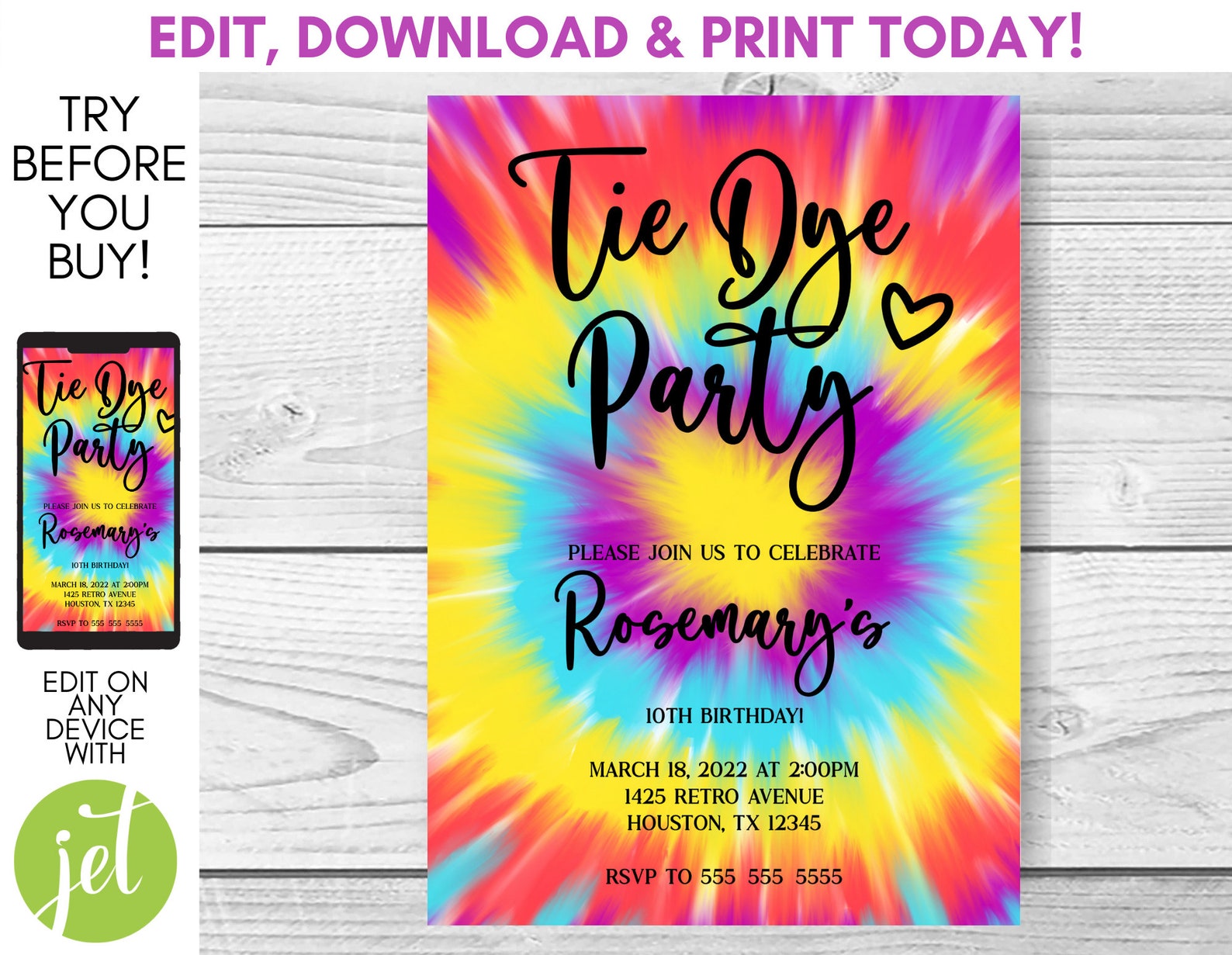 Tie dye invitation Birthday party Instant download | Etsy