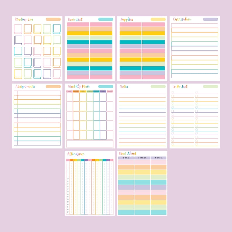 May include: A printable planner with colorful borders and sections for reading log, book list, supplies, curriculum, assignments, monthly plan, notes, to-do list, attendance, and read aloud.
