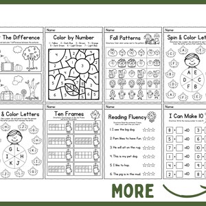 May include: Black and white printable worksheets for kids featuring fall-themed activities like color by number, spot the difference, spin and color letters, fall patterns, ten frames, reading fluency, and I can make 10.
