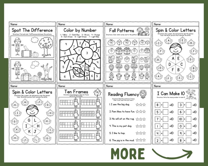 May include: Black and white printable worksheets for kids featuring fall-themed activities like color by number, spot the difference, spin and color letters, fall patterns, ten frames, reading fluency, and I can make 10.