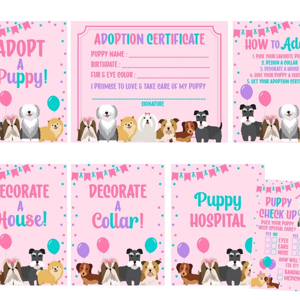 Puppy Party Signs - Afdrukbaar - Direct downloaden - Adopteer een puppy - Dierenartscontrole - Versier een huis - Versier een halsband