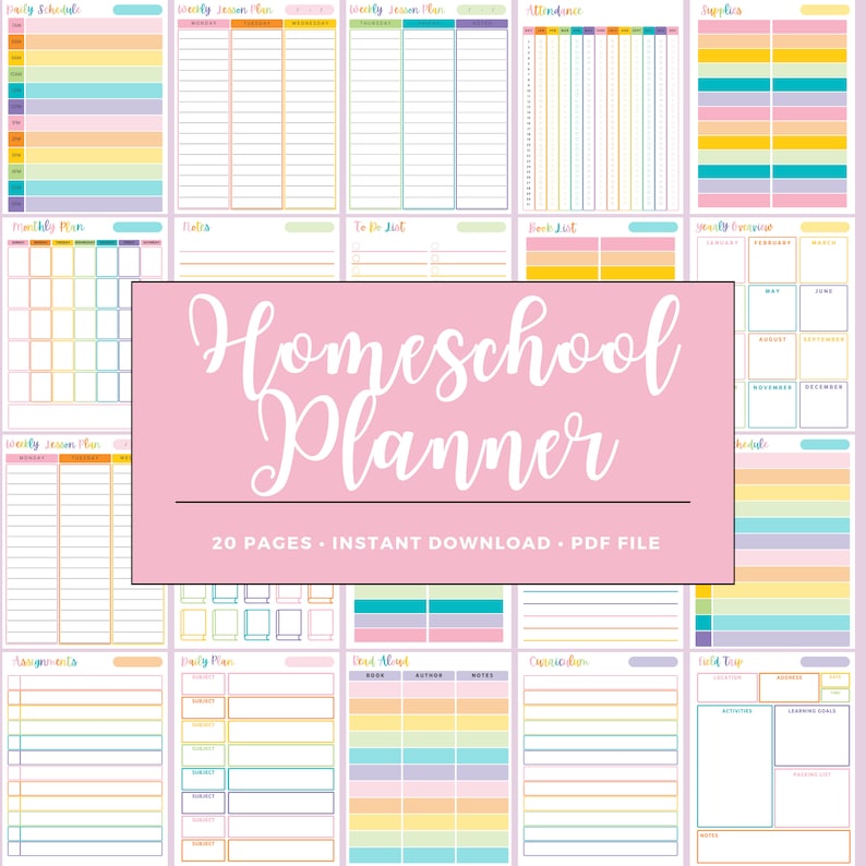 May include: A printable homeschool planner with 20 pages. The planner includes pages for daily schedules, weekly lesson plans, monthly plans, to-do lists, book lists, assignments, daily plans, read-alouds, field trips, and more. The planner is designed with a colorful and fun theme.