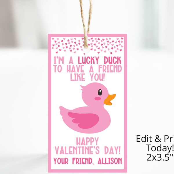 Valentine's Day Tag - Rubber Duck - Editable - Printable - Class Valentine - Download