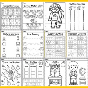 May include: Black and white printable worksheets for kids featuring school-themed activities like tracing, counting, matching, and cutting practice. The worksheets include images of backpacks, pencils, apples, scissors, and more.