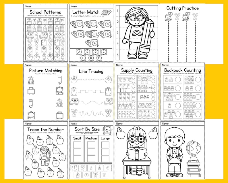 May include: Black and white printable worksheets for kids featuring school-themed activities like tracing, counting, matching, and cutting practice. The worksheets include images of backpacks, pencils, apples, scissors, and more.