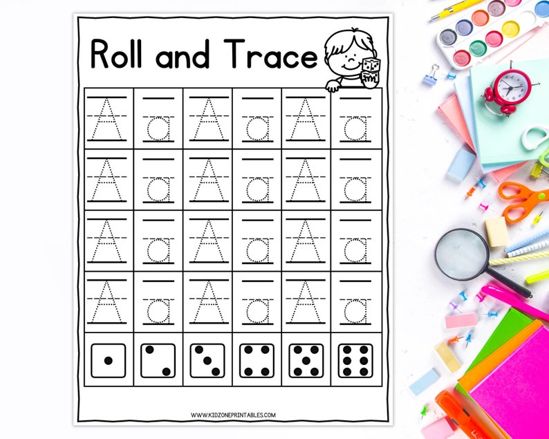 Roll and trace worksheet alphabet printable dice game etsy