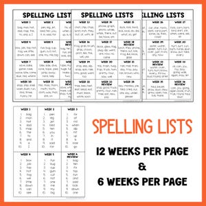 May include: A white and black educational chart titled "Spelling Lists" with 12 weeks per page and 6 weeks per page. The chart contains spelling words for each week, with a variety of words.