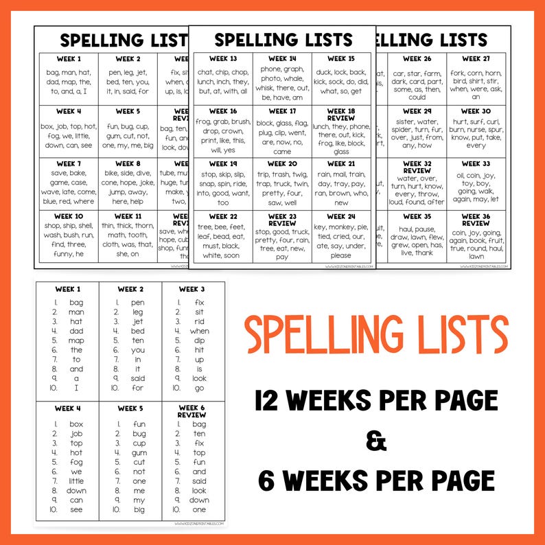 May include: A white and black educational chart titled "Spelling Lists" with 12 weeks per page and 6 weeks per page. The chart contains spelling words for each week, with a variety of words.