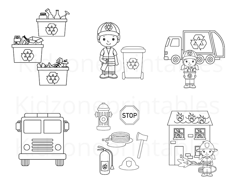 May include: Black and white line art illustration of a recycling truck, a recycling bin, a garbage truck, a fire truck, a fire hydrant, a fire extinguisher, a firefighter, a house on fire, and a stop sign.
