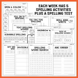 May include: A printable spelling workbook with various activities, including word searches, fill-in-the-blank, and Scrabble-style exercises. The workbook is designed for weekly lessons and includes a spelling test. The title reads: "EACH WEEK HAS 5 SPELLING ACTIVITIES PLUS A SPELLING TEST."