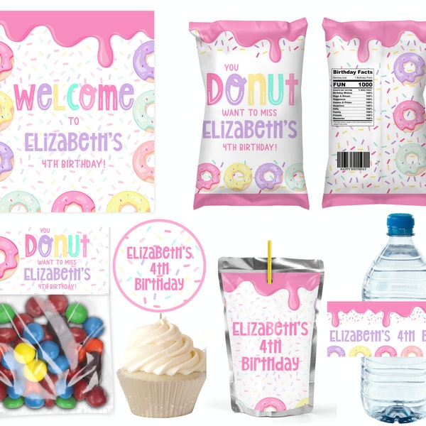 Donut birthday - Party Package - Editable - Printable - Chip Bag - Water labels - Cupcake toppers - Bag toppers - Welcome Sign - Juice Label