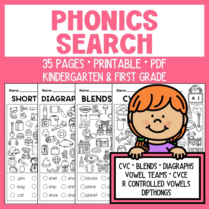 May include: Pink educational printable with the text "PHONICS SEARCH" and "KINDERGARTEN & FIRST GRADE." The worksheets include activities for short vowels, digraphs, blends, and more. A cartoon child holds a sign with phonics terms.