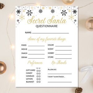 Secret Santa Questionnaire Printable Instant Download Digital Download Secret Santa Form - Etsy