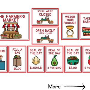 May include: A colorful illustration of a farmer's market with signs for various produce and items. The signs include "The Farmer's Market", "Open Daily 8:00AM - 4:00PM", "Weigh Your Produce", "Take a Basket", "Pay Here", "Fill a Bag $10.00", "Deal of the Day $1.00/LB", "Deal of the Day 3 for $1.00", "Deal of the Day $3.00", and "Deal of the Day 5 for $1.00".