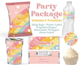 Retro birthday party - Package - Bundle - Editable - Printable - Any Age - Chip Bag - Water Label- Chocolate wrapper - Juice Label