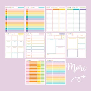 May include: A set of printable planner pages with colorful borders. The pages include daily, weekly, and yearly planners, as well as pages for tracking expenses, passwords, and field trips. The text "More" is written in a handwritten style with an arrow pointing to the right.