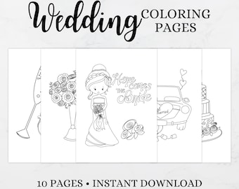 Wedding coloring pages - Printable - Activity - Bride - Groom - Guest - Children - Kids - Instant download - Pdf