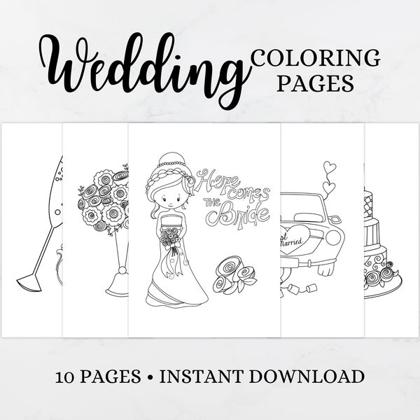 Wedding coloring pages - Printable - Activity - Bride - Groom - Guest - Children - Kids - Instant download - Pdf