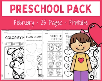 Preschool Pack - Printable - February - Math - Letters - Instant download - Tracing - Shapes - Valentine - Prek - Toddler - Digital download
