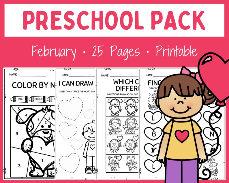 May include: A printable preschool pack with a Valentine's Day theme. The pack includes four worksheets: color by number, I can draw, which one is different, and find the letter. The worksheets feature hearts, a dog, a lion, a penguin, a pig, a cat, and a girl holding a heart-shaped balloon. The text on the worksheets includes 'Color by Number', 'I Can Draw', 'Which One is Different', 'Find the Letter', and 'Directions: Trace the hearts and draw a line to connect the dots.'