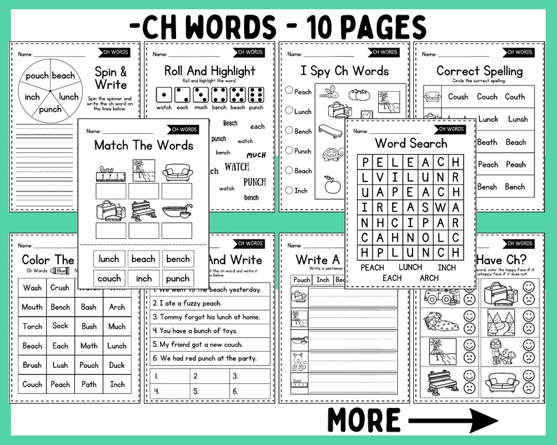 May include: Black and white printable worksheets for teaching children about words that contain the letter combination 'ch'. The worksheets include activities such as matching words, word searches, and coloring.