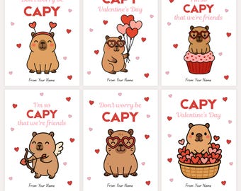 Capybara Valentine Cards - Editable - Printable - Kid's Valentine's Day Cards - Instant Download