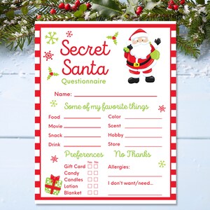Secret Santa Questionnaire - Printable - Instant Download - Digital ...