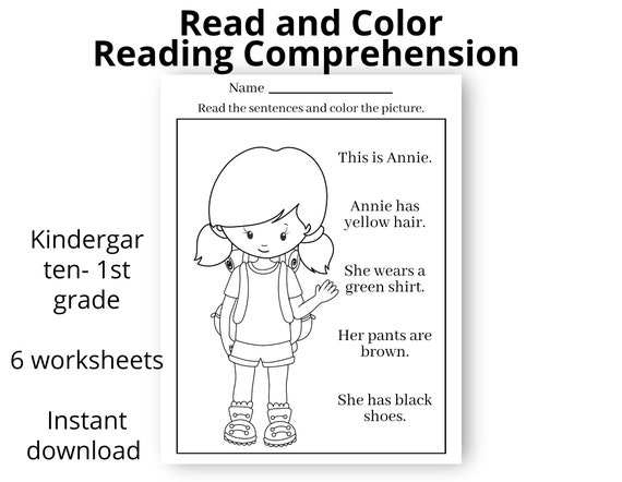 read and color kindergarten first grade worksheets etsy