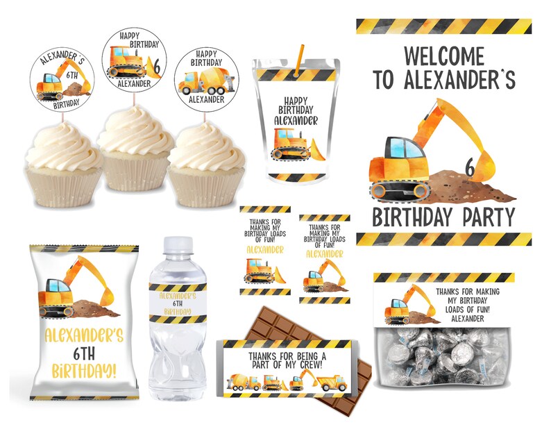 Construction Birthday Party Bundle Kit Editable Printable Signs Cupcake toppers Chip bag Water label Gift tags