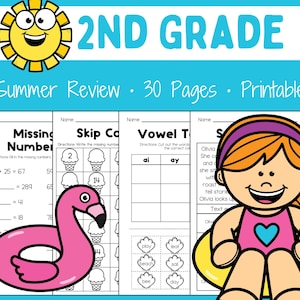 May include: A 30-page printable 2nd grade summer review packet featuring educational worksheets with math and reading exercises. The cover displays a yellow sun, a pink flamingo pool float, and a cartoon character wearing a purple headband.