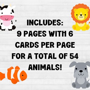 Op de afbeelding: Een kleurrijke illustratie van een koe, een leeuw, een vis en een hond met de tekst "INCLUDES: 9 PAGES WITH 6 CARDS PER PAGE FOR A TOTAL OF 54 ANIMALS!"