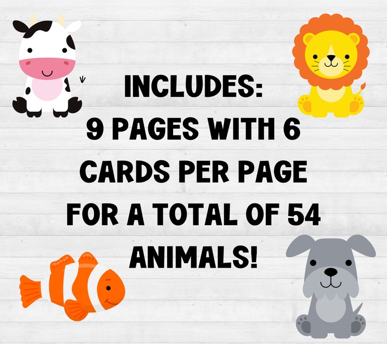 Op de afbeelding: Een kleurrijke illustratie van een koe, een leeuw, een vis en een hond met de tekst "INCLUDES: 9 PAGES WITH 6 CARDS PER PAGE FOR A TOTAL OF 54 ANIMALS!"