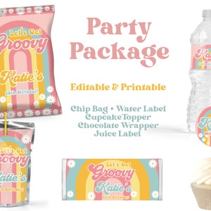 Groovy birthday party - Package - Bundle - Editable - Printable - Any Age - Chip Bag - Water Label- Chocolate wrapper - Juice Label