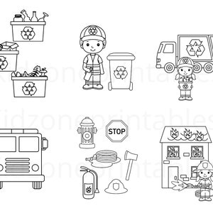 May include: Black and white line art illustration of a recycling truck, a recycling bin, a garbage truck, a fire truck, a fire hydrant, a fire extinguisher, a firefighter, a house on fire, and a stop sign.