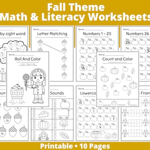 Printable Worksheets - Instant Download - Prek - Kindergarten - First Grade - Math - Literacy
