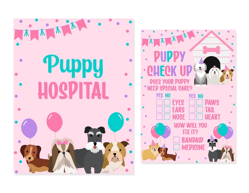 May include: A pink and blue printable party game for a puppy themed party. The game is a puppy check-up with a checklist of puppy ailments and a section to choose how to fix it. The game features a cartoon puppy house and several cartoon puppies.