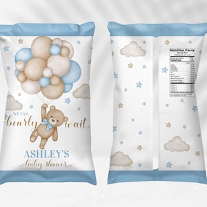 Sac à chips pour baby shower - Modifiable - Ours en peluche - C'est un garçon - Nous pouvons attendre avec impatience