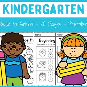 May include: A set of 20 printable kindergarten worksheets for back to school. The worksheets feature a variety of activities, including tracing letters, identifying beginning sounds, and colouring. The worksheets are designed to help children learn and grow.