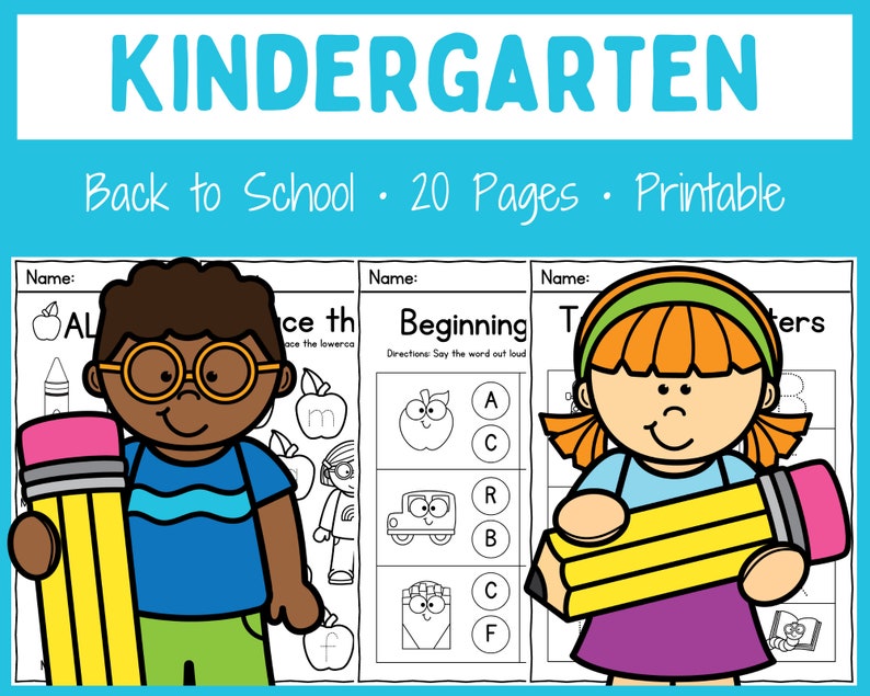 May include: A set of 20 printable kindergarten worksheets for back to school. The worksheets feature a variety of activities, including tracing letters, identifying beginning sounds, and colouring. The worksheets are designed to help children learn and grow.