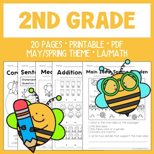 May include: A printable 2nd-grade worksheet set with a May/Spring theme. The yellow background features the text "2ND GRADE" and "20 PAGES PRINTABLE PDF MAY/SPRING THEME LA/MATH." The worksheets include math and language arts activities, with bee and flower illustrations.