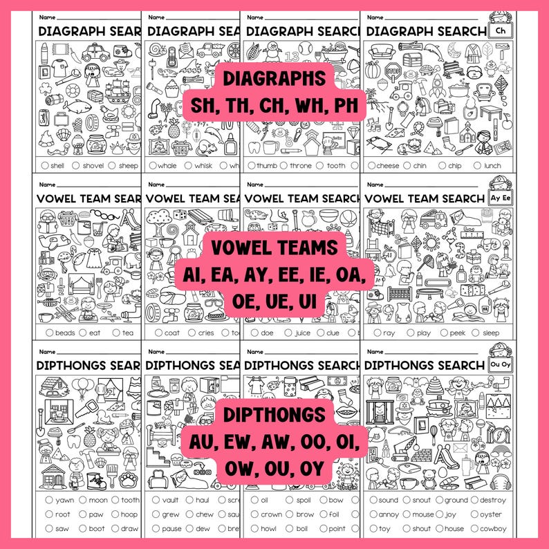 May include: Black and white educational worksheets for kids. The worksheets are divided into sections for digraphs, vowel teams, and diphthongs. Each section has a word search puzzle with related images.