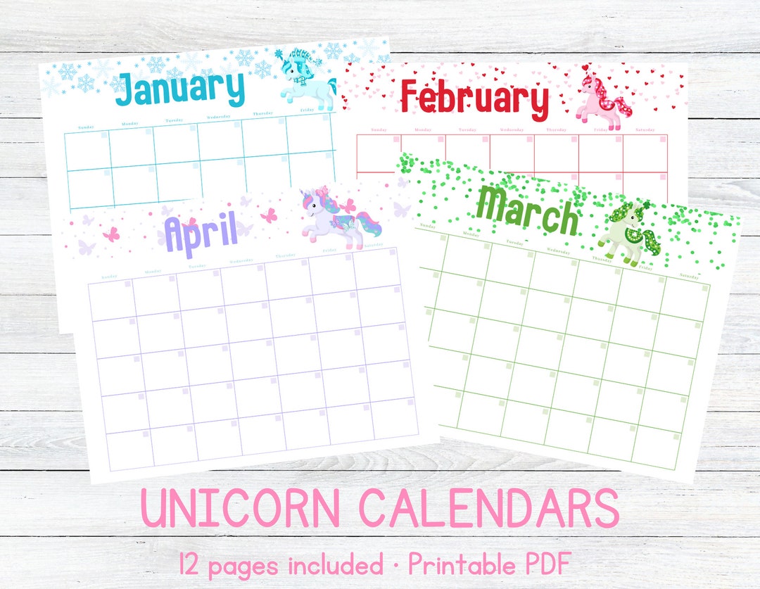 Kids Calendars Printable Instant Download Unicorns Undated