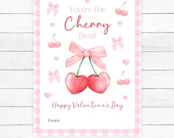 Cherry Valentine Cards - Printable - Kids Valentines - School Valentine Card - Class Party - Bow Valentine - PDF