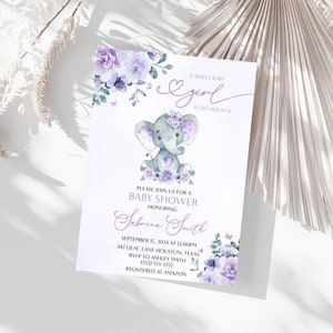 Elefant Babypartyeinladung - bearbeitbar - bedruckbar - Einladungsvorlage - lila floral - es ist ein Mädchen
