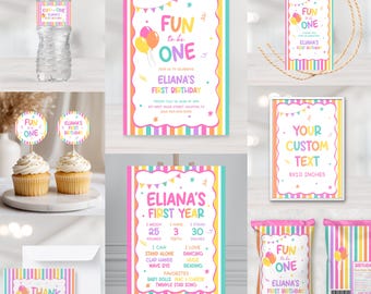 Fun to be one -  Editable Birthday Decorations - Printable - First Birthday - Eclectic - Colorful Pastel