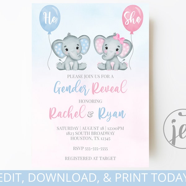 Gender reveal invitation - Editable - Elephant - He or She - Printable - Invitation template - Download