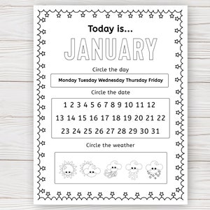 Printable Daily Calendar - Pages - Worksheets - Kids - Instant download - Preschool - Kindergarten - First grade - Second grade - Homeschool