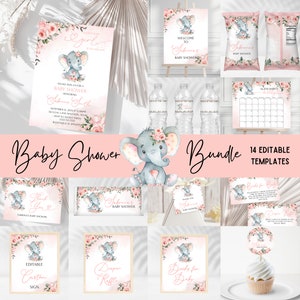 Elephant bundle - Baby Shower - Editable - Printable - Decorations - Invitation - Welcome Sign - Favors - Pink floral - It's a Girl