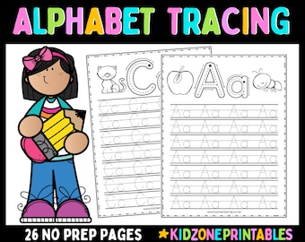 May include: Alphabet tracing worksheets with the text "ALPHABET TRACING" at the top. The image features a cartoon girl holding a pencil and eraser. The worksheets include uppercase and lowercase letters for tracing, with illustrations of an apple, cat, and ant. The text "26 NO PREP PAGES" is also visible.